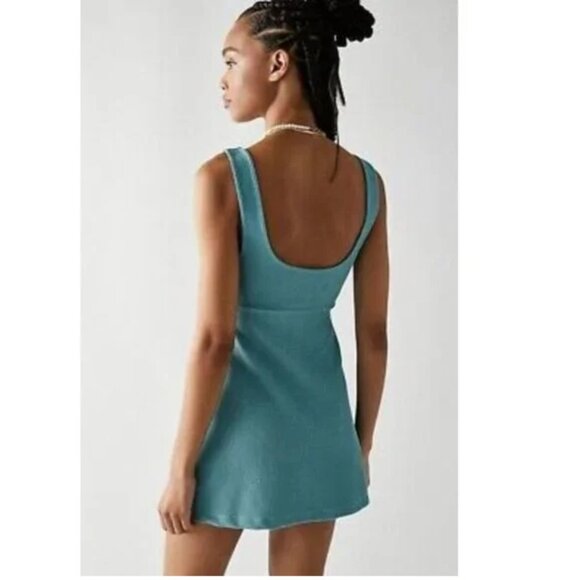NEW Free People FP Beach Olivia Ribbed Mini Dress Sage Green Keyhole Tie Button - Picture 3 of 5